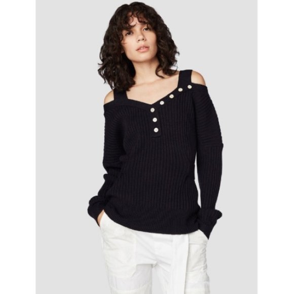 NWT size L 10-12 Derek Lam 10 Crosby black cold shoulder sweater BLACK buttons - Picture 1 of 9
